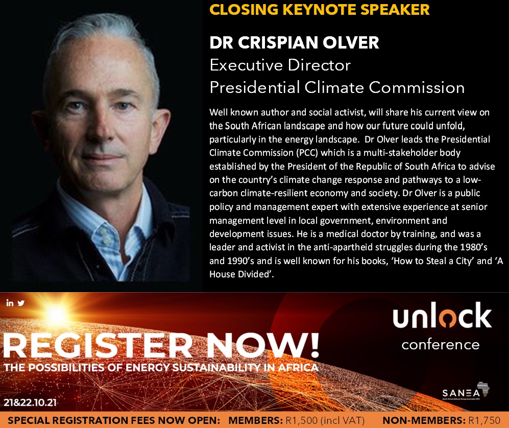 SANEANPC's tweet image. Dr Crispian Olver will be closing keynote of the SANEA Conference - the well known author &amp;amp; social activist will share his current view on the SA #energy landscape.  

View Programme ow.ly/7PP350Go8z9

REGISTER: ow.ly/KZ9J50Go8za

#howtostealacity #SANEAconference2021