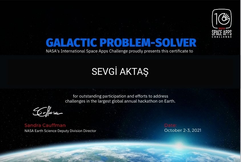 NASA Spaceapps Challenge 2021 proje sertifikalarimizi almış bulunmaktayız. Tüm öğrencilerimi çalışmalarından dolayı tebrik ediyorum.#SpaceApps @mduranoznacar <a href="/BkOmerli/">BK Ömerli Kampüsü</a>