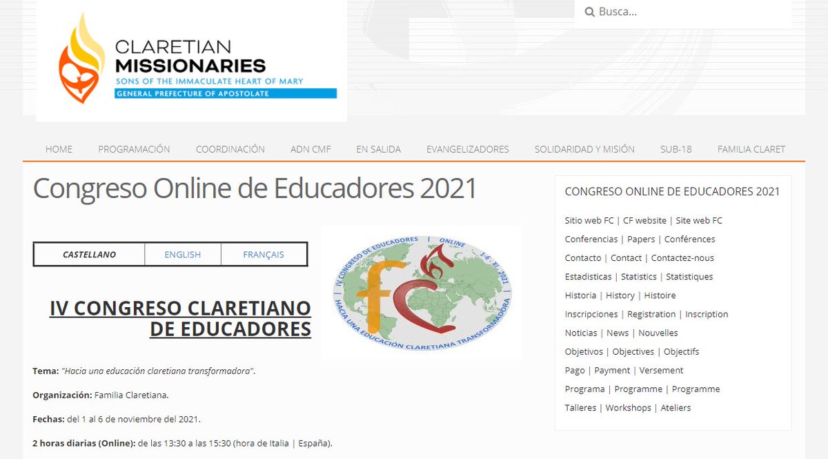 Del 1 al 6 de Noviembre próximos se desarrollará el IV Congres Mundial de Educadores de la Familia Claretiana. Llevará por título “Hacia una Educación Claretiana Tranformadora” #IdearioClaretiano #TantoBien

Tenéis toda la información en esta web apostoladocmf.org/congresomongom…