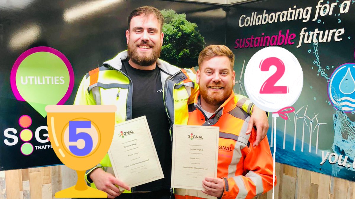 signaltm's tweet photo. Congratulations to Matt celebrating his 2 year and Harrison celebrating his 5 year work anniversary! 🎉🥳 #TeamSignal #Trafficmanagement #highways #utilities https://t.co/eiMe5Cqlno