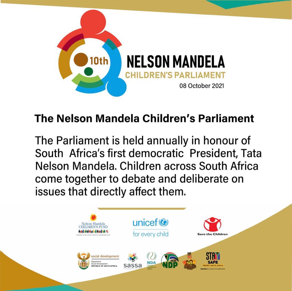 SANDF_ZA's tweet photo. The 10th Children’s Parliament to sit in Gauteng.
In upholding the right for children to participate in all matters affecting them, the 10th Nelson Mandela Children's Parliament will sit in Johannesburg on Friday, 8 October 2021.

Info by Dept of Social Development

#SAChildren https://t.co/zK4VmxWNwo