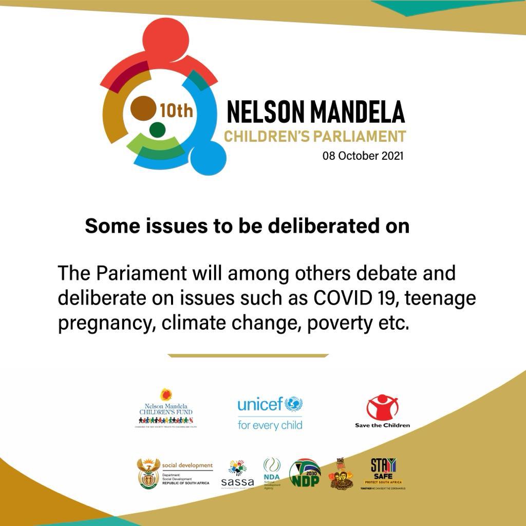 SANDF_ZA's tweet photo. The 10th Children’s Parliament to sit in Gauteng.
In upholding the right for children to participate in all matters affecting them, the 10th Nelson Mandela Children's Parliament will sit in Johannesburg on Friday, 8 October 2021.

Info by Dept of Social Development

#SAChildren https://t.co/zK4VmxWNwo