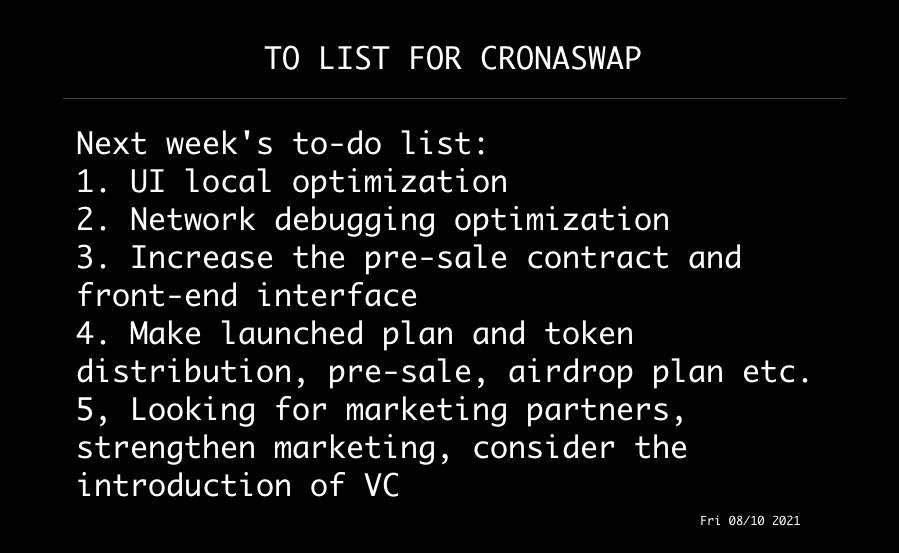 cronaswap's tweet photo. Hey, All CronaSwap tester. we prepare progress about 75+% now. We have some list to-do at next week. We share it for all tester.🚀 @cronosapp @cryptocom https://t.co/1SAeeUlQBh