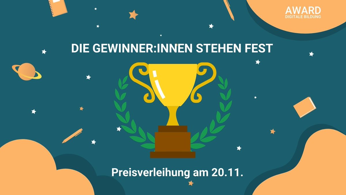Die Gewinner:innen des Visionspreises im Rahmen des Award Digitale Bildung stehen fest! 🎉
Wir freuen uns sehr bald die glücklichen Sieger:innen küren zu können. 🏆
Das passiert ganz offiziell auf der Preisverleihung am 20. November 2021, also save the date! 🍾✨