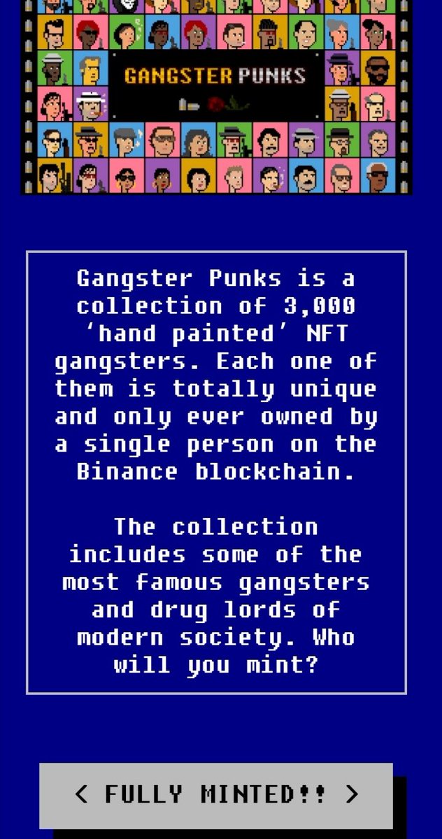 MPetunia75's tweet photo. 👀 @GangsterPunks sold out and now let see how floor price skyrocketing 🚀

#gangsterpunks #NFTs #NFTcollections #BSC #DYOR #NFA https://t.co/NHqMmsi8cB
