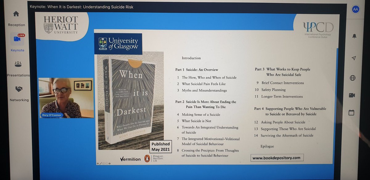 PsychDXB's tweet photo. The key note by Prof. Rory O'Connor @suicideresearch on "When It is Darkest: Understandimg #Suicide Risk" #SuicidePrevention #IPCD_2021 #ipcd2021 https://t.co/YHf7MH79BQ