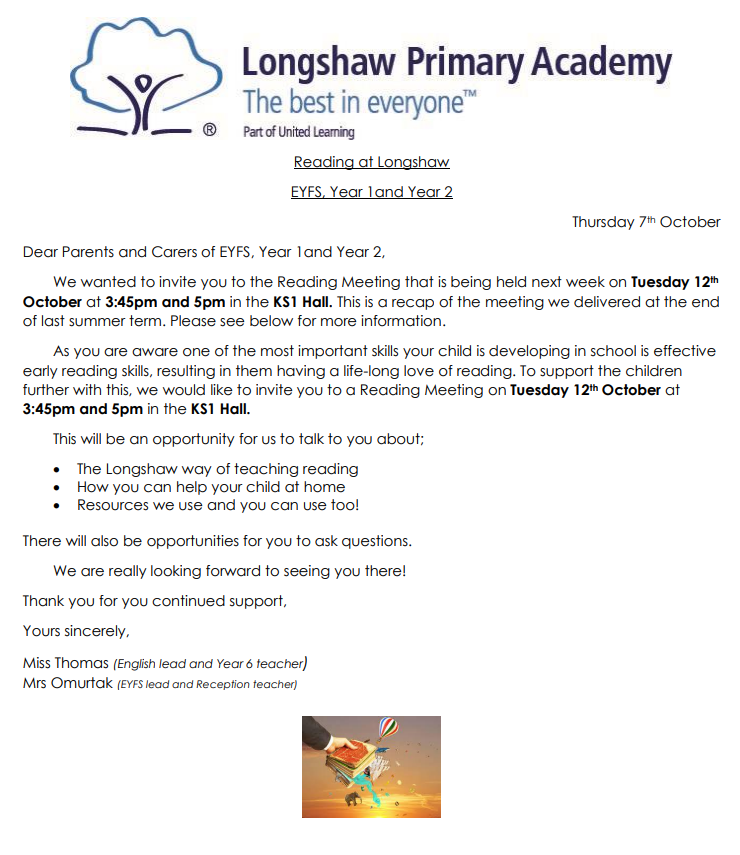 MissTLongshaw1's tweet photo. Calling all parents of EYFS, Year 1 and 2! On Tuesday, there is a reading workshop happening in the KS1 hall at 3:45pm and 5pm. Please come along to see how we teach reading at Longshaw and how you can help your child @LongshawAcademy https://t.co/wBucDvLyzg