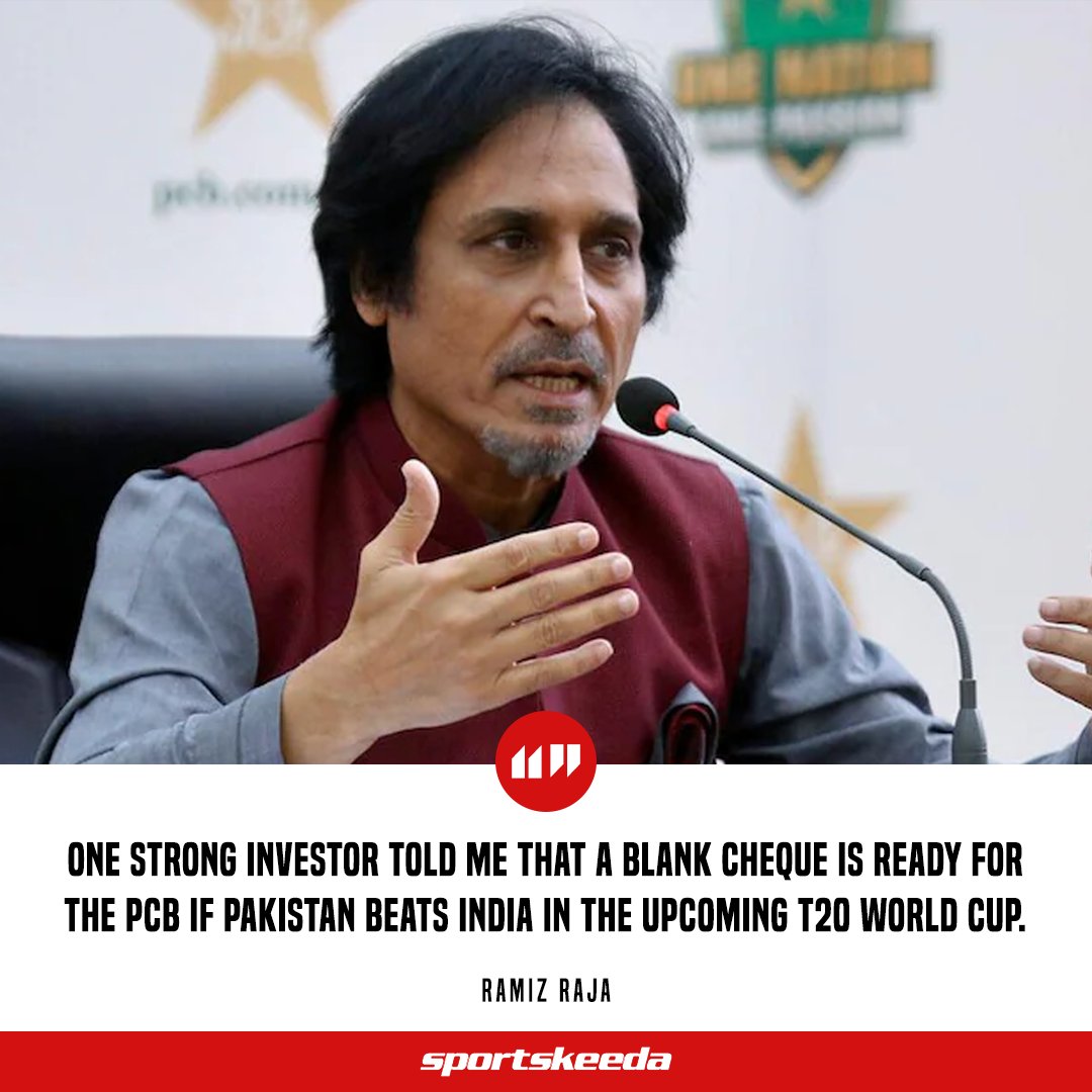Sportskeeda's tweet photo. PCB chairman, Ramiz Raja said that PCB will get a blank cheque from an investor if 🇵🇰 defeats 🇮🇳 in the T20 World Cup 😮

#T20WorldCup #CricketTwitter https://t.co/hJG5gzUBAL