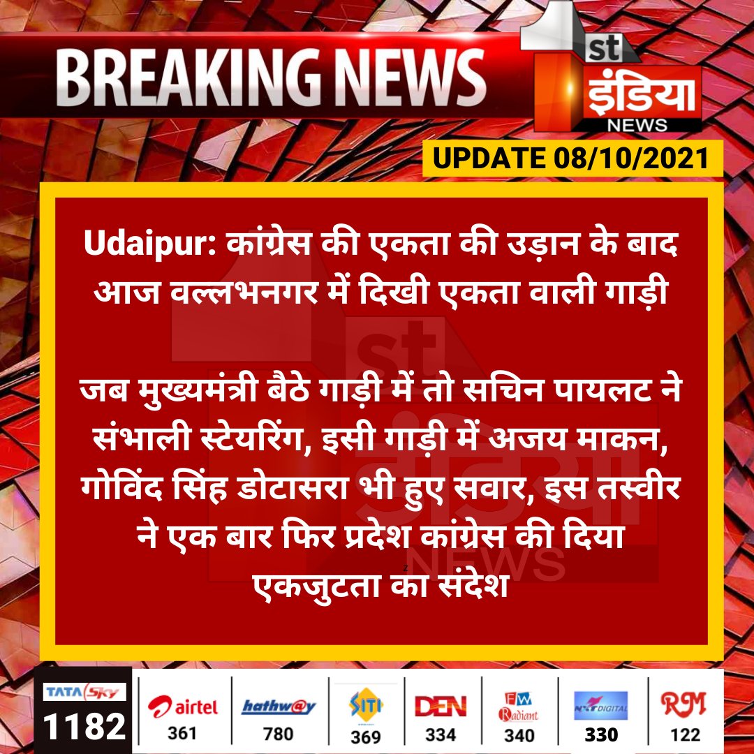 1stIndiaNews's tweet photo. #Udaipur: कांग्रेस की एकता की उड़ान के बाद आज वल्लभनगर में दिखी एकता वाली गाड़ी

जब मुख्यमंत्री बैठे गाड़ी में तो सचिन पायलट ने संभाली स्टेयरिंग, इसी गाड़ी में अजय माकन...
#RajasthanByElection #Congress @ashokgehlot51 @SachinPilot @ajaymaken @GovindDotasra https://t.co/Nxlnx7vJtp