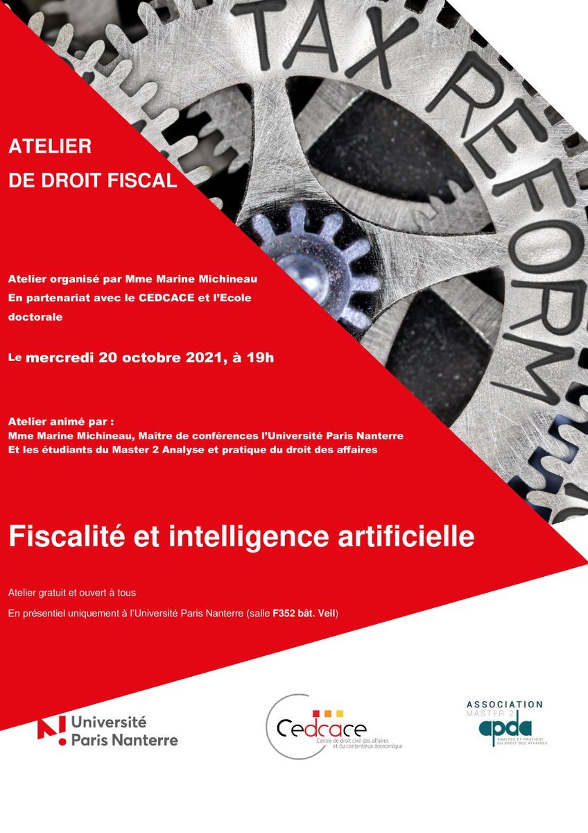 DSPNanterre's tweet photo. 📢Atelier de droit fiscal : "Fiscalité et intelligence artificielle", organisé le mercredi 20 octobre 2021 à 19h, par @marinemichineau, Maître de conférences @DSPNanterre (salle 352, bât. Veil).   
En partenariat avec @Master2APDA. 

Pour en savoir plus : https://t.co/BErQzlr9Ab https://t.co/RsUMotMKT6