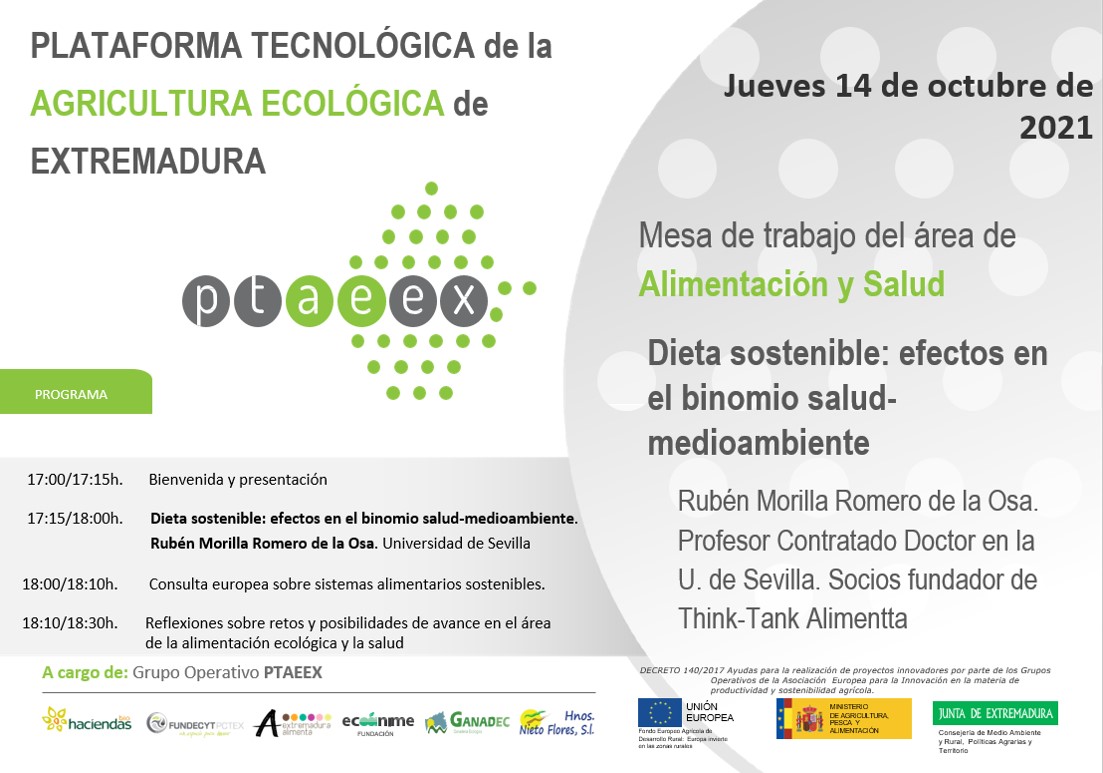 El próximo 14 de octubre podremos disfrutar de Rubén Morilla Romero de la Osa que nos hablara sobre #dietasostenible: binomio #salud y medio ambiente. 
#ptaeex