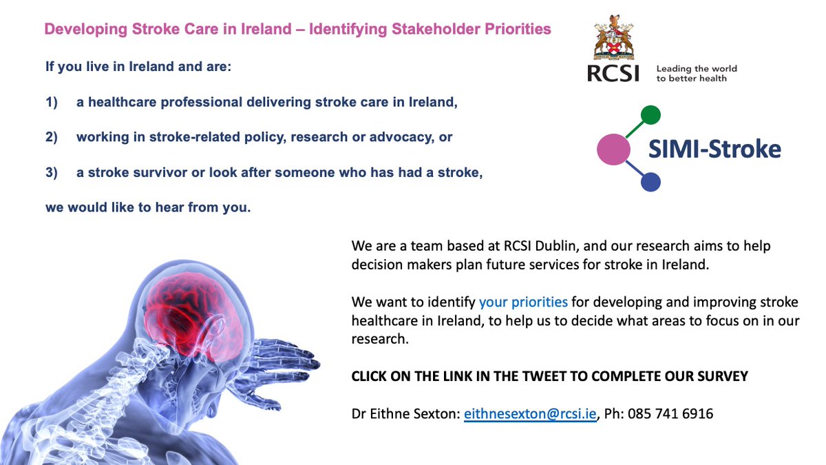 Interested in sharing your views on how stroke care in Ireland could be improved?

Survey open to healthcare professionals, stroke researchers, stroke survivors and carers in Ireland: simistrokercsi.qualtrics.com/jfe/form/SV_0w…

No need to answer whole survey – skip to questions relevant to you