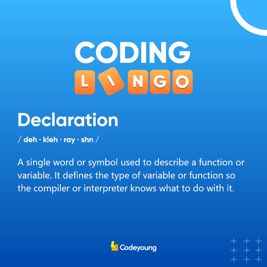 Codeyoung_india's tweet image. In Today's Coding Lingo - Declaration.
#CodeyoungCodingLingos #codingterms #codinglingos #codingwords #words #vocublary #codingwords #coding #coders #programmers #programming #coderlife #codingforkids #pyhton #javascript #html #technology #tech #codingisfun #codeyoung