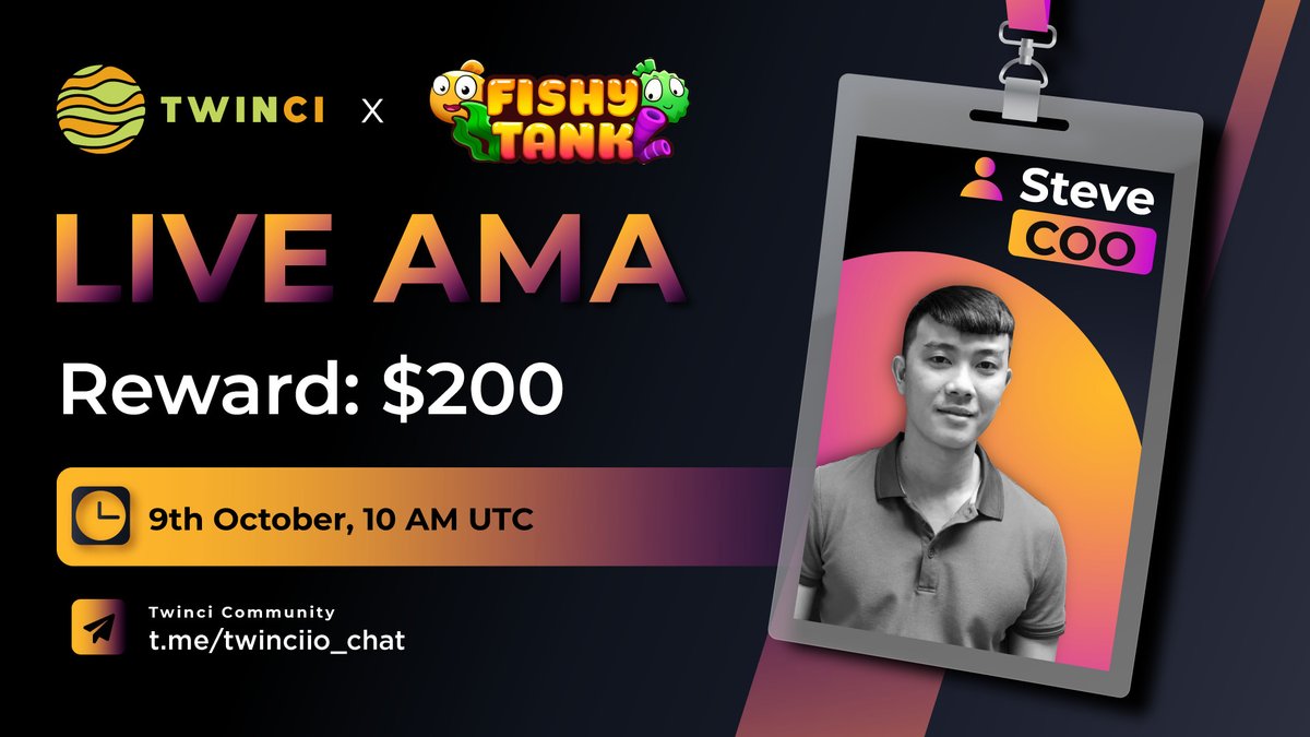 🔔 AMA @FishyTankGame with <a href="/Twinci/">Charity Garnes</a>

1️⃣ Follow @FishyTankGame &amp; <a href="/twinciio/">Twinci</a>
2️⃣ RT &amp; Tag 3
3️⃣ Comment your question 

🗓Time: 10:00 AM (UTC), October 9th
📍Venue: t.me/twinciio_chat

💸 $200 USDT will be awarded for 10 best questions.