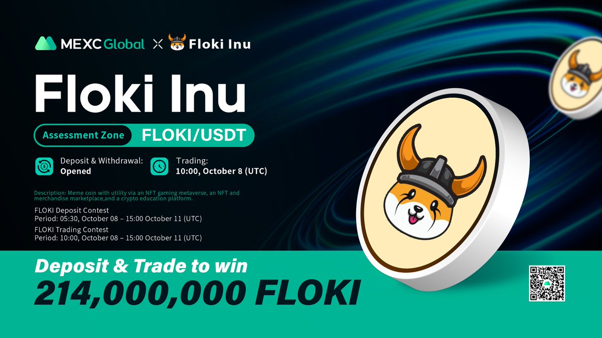 MEXC_Official's tweet image. MEXC will list $FLOKI @RealFlokiInu in the Assessment Zone under FLOKI/USDT trading pair. 

✅Deposit &amp;amp; Withdrawal: Opened
✅Trading: 10:00 Oct 8 (UTC)

🎁FLOKI Deposit and Trading Contest - 214,000,000 $FLOKI to be Won

Details: bit.ly/3uWy0kT

#FlokiInu #NFTs #memecoin