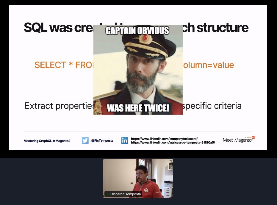 <a href="/phoenix12879/">Riccardo Tempesta</a> now talking about <a href="/AdobeCommerce/">Adobe Commerce</a>  #magento2 #graphql at #mm21ro. Join us ro.meet-magento.com cc/ <a href="/skeellersrl/">skeeller</a> #Adiacent