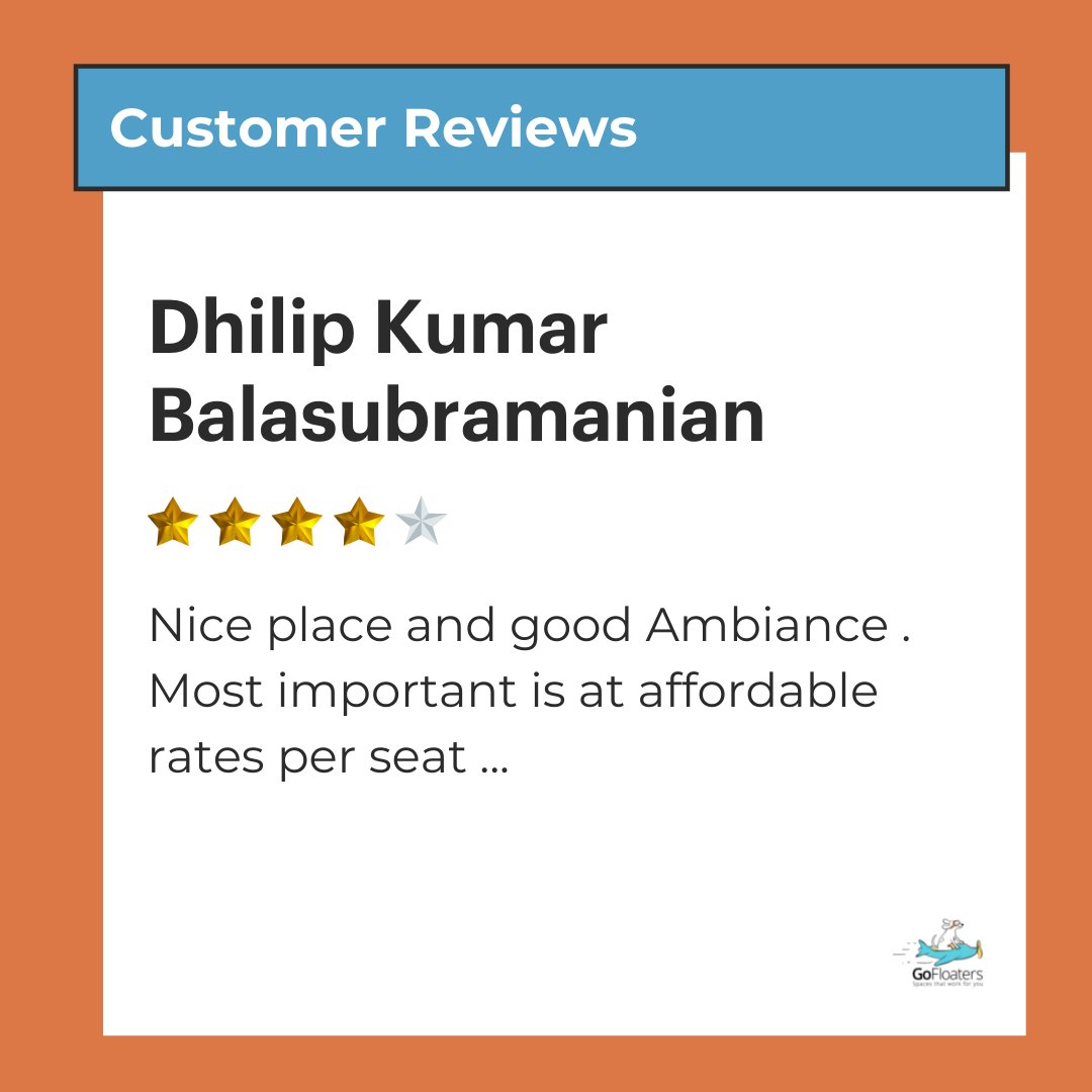 gofloaters's tweet photo. We have been in the #coworking on-demand segment for over 3+ years. There is nothing more exciting than receiving satisfactory #reviews from #customers
#thankyou Mr. Dhilip Kumar Balasubramanian
#gofloaters #customerservice #feedback #testimonial #reviewfriday #fridayreview https://t.co/roCyxkfufj