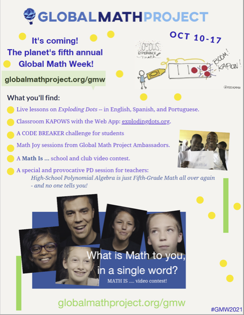 dbarman's tweet photo. October 10-17 is #globalMathWeek @GlobalMathProj https://t.co/7lmUyijKVq including @cyfemat and their Spanish and Portugese translations. Thanks, @jamestanton &amp; team for putting this on - many nice events! #mtbos #iteachmath #mathisfun #explodingDots #jamesTanton @MathCircleNet https://t.co/qSFxXbUpfG