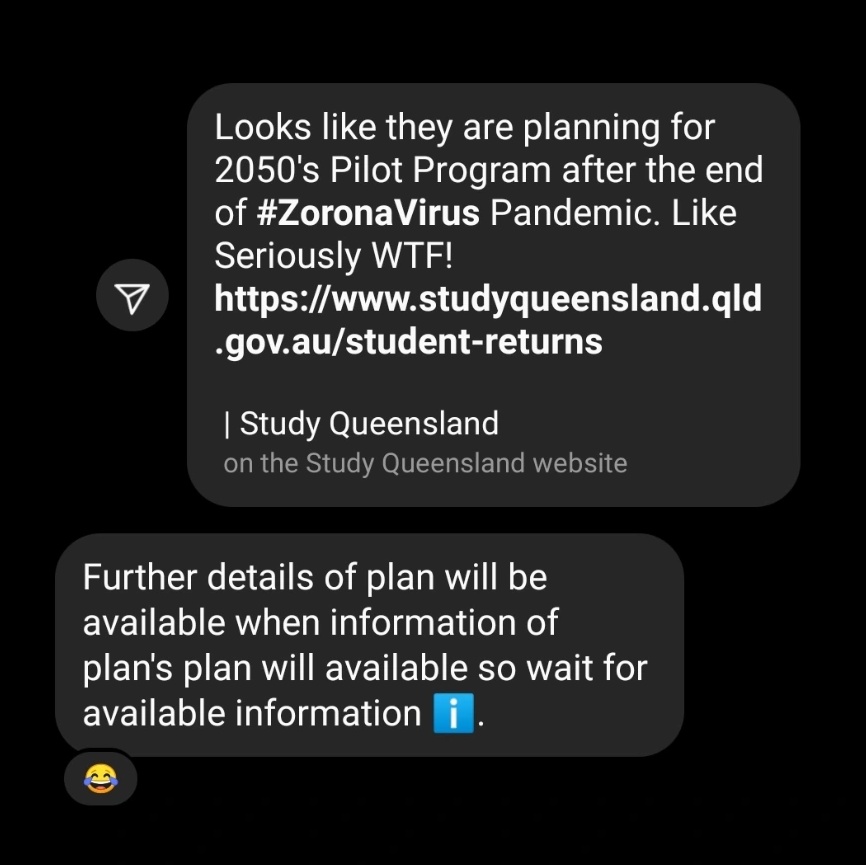 BigHaramBeing's tweet photo. Queensland Student Pilot Program (More like a Joke)
https://t.co/mzPHn8WS9a
#LetUsBackToAus https://t.co/P1EztBAaV0