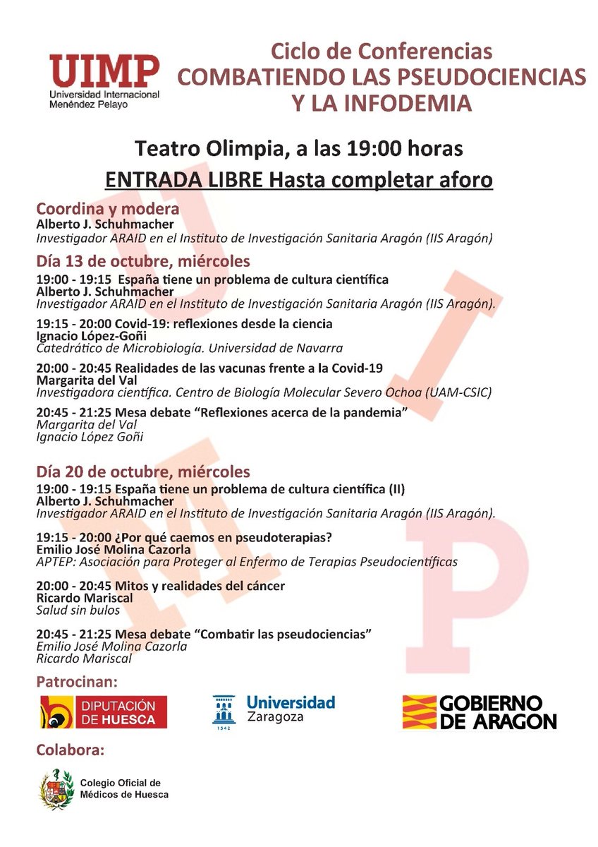 ARAID_ES's tweet photo. El próx. miércoles 13 oct 19 hrs comienza en @teatroolimpia el Ciclo de conferencias "Combatiendo las #Pseudociencias y la #infodemia" que modera y coordina @AJSchuhmy, ARAID en @IISAragon y donde impartirán sus conferencias #MargaritaDelVal e Ignacio López-Goñi @microBIOblog🧑‍🔬👩‍🔬 https://t.co/26H8D8Dgjv