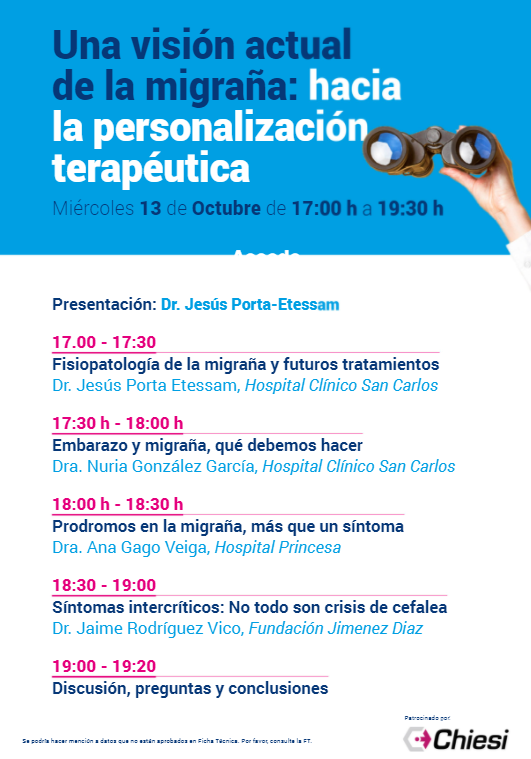 La migraña, una enfermedad compleja del sistema nervioso.
Acceso libre a través del enlace
Próximo miércoles 13 de octubre
Estáis invitados
cutt.ly/SE1UKxt