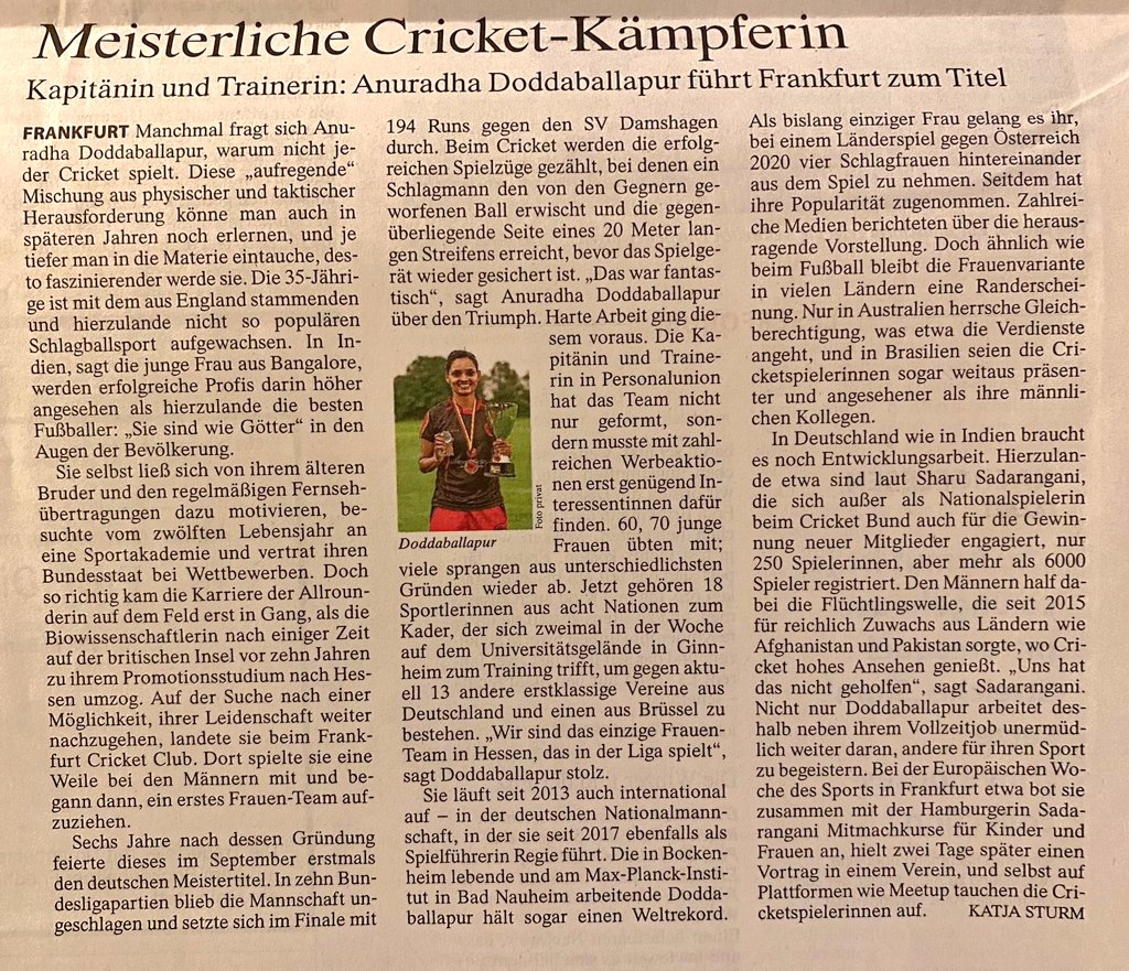 Anuradha_D_18's tweet photo. In yesterday's @FAZ_RheinMain. Thanks Katja for the coverage!
#BeActiveFrankfurt #EUweekofsport #cricketdevelopment #womenscricket https://t.co/TR7XxoAKJ9
