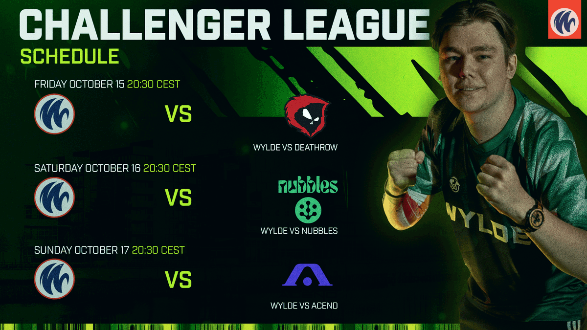 WYLDE_gg's tweet photo. 🚨 ONE WEEK! 🚨

Challenger League kicks off in just 7 days, but when does WYLDE play?!

Catch us on Friday, Saturday and Sunday at 20:30 CEST as we fight to secure our spot in the playoffs!

#GOWYLDE 🇩🇪 https://t.co/cZR5Xl6dvV