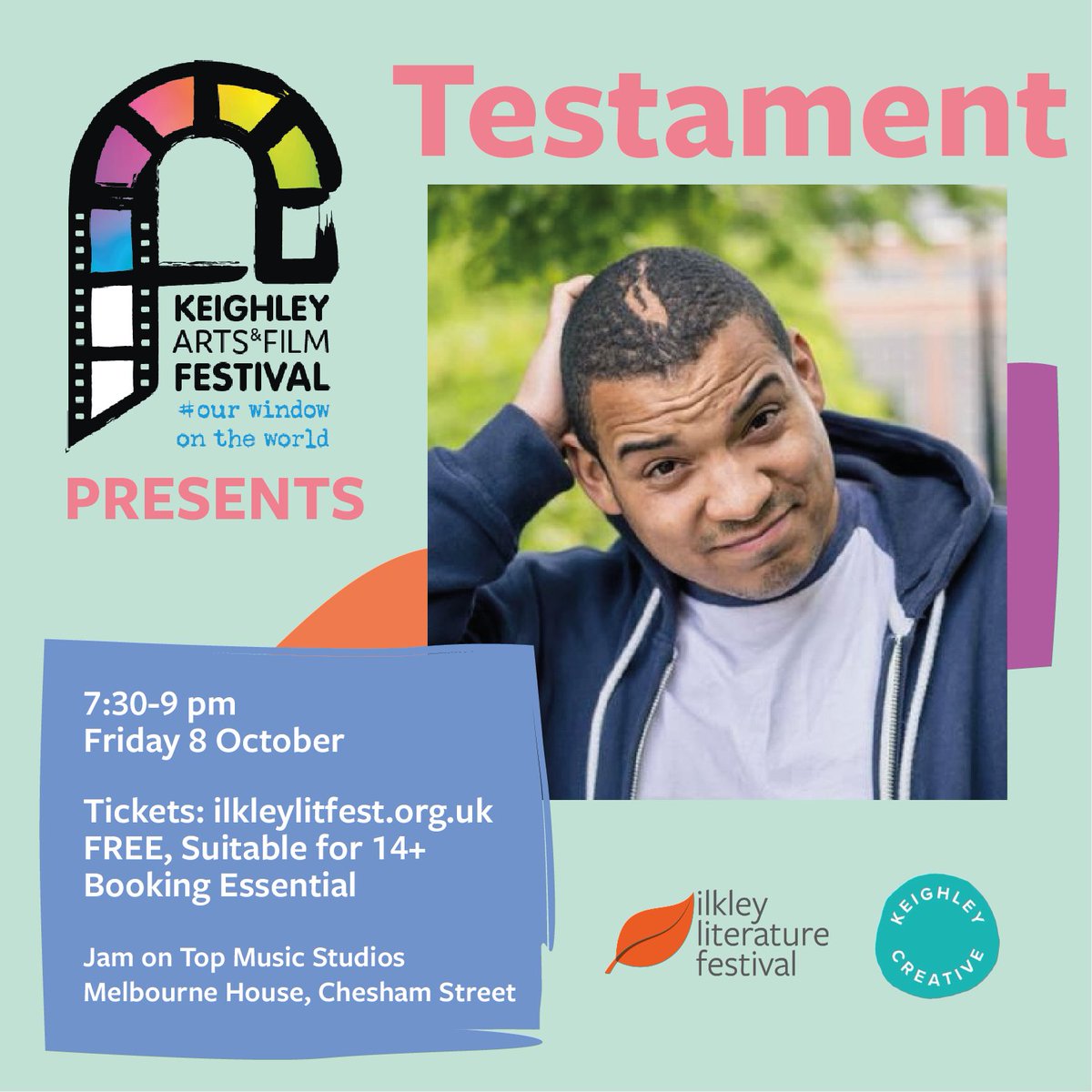 There's still limited tickets left to see acclaimed rapper, spoken word poet and Guinness world record breaking human beatboxer, Testament TONIGHT.

Grab your FREE tickets before they're gone:
ilkleyliteraturefestival.org.uk/events/29-test…

(Very limited tickets may be on the door but not guaranteed).