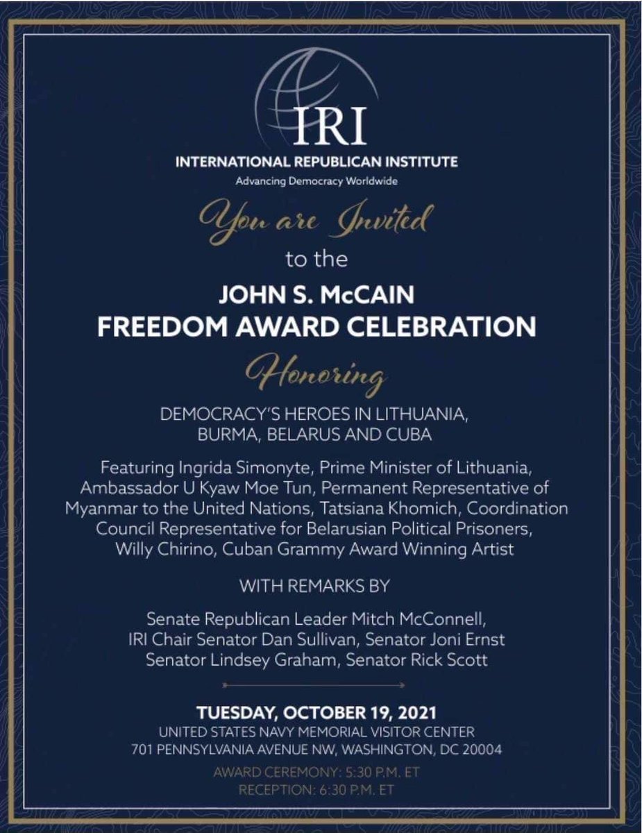 Permanent representative of Myanmar to the UN, Ambassador @KyawTun62907405, will be honored as #DemocracyHero in #Myanmar at the JohnMcCain Freedom Award Celebration on Oct 19th by the International Republican Institute. Congratulations!