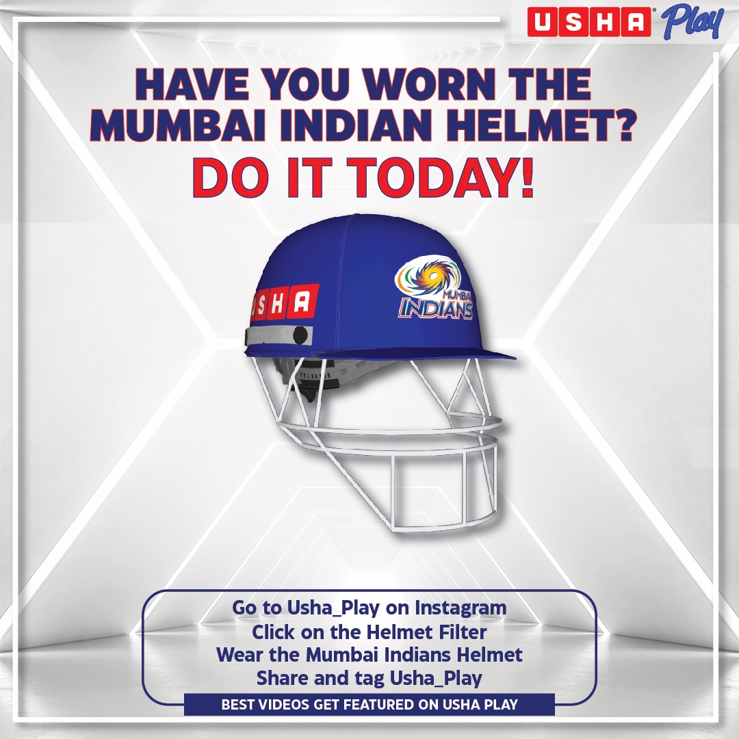 Wear the Hat 
Cheer for the team when they bat 
Make sure we don’t miss a catch 
Wear the helmet and PLAY the match
#UshaPlay #UshaInternational #OneFamily #MumbaiIndians #MI #MIPaltan #IPL2021 #MiHelmet #InstaFilter