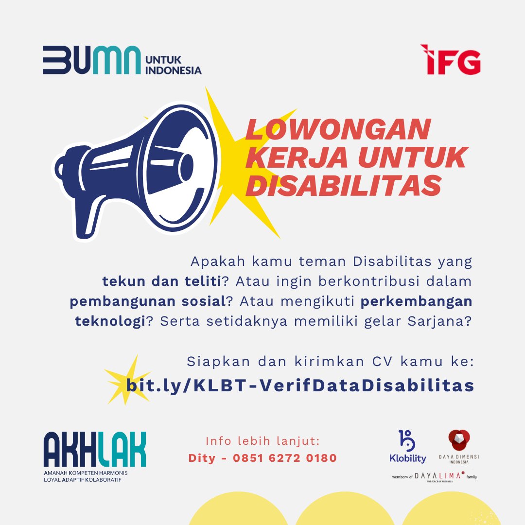 klobility's tweet photo. Yuk segera persiapkan CV kamu dan registrasi diri di https://t.co/JXZg6ACTpG. Semoga berhasil, Teman Inklusi!
#Klobility #IFG #InfolokerDisabilitas #Infoloker #Infolokerjabodetabek #Jobvacancy #Disability #Inclusion #Diversity #InfolokerBUMN #BUMNuntukIndonesia https://t.co/ht8PtP6yhE