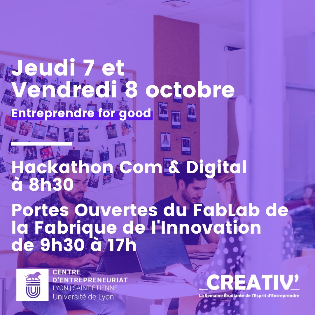 Semaine #CREATIV2021 Votre 4ème journée : ⌚ jusqu'à 22h : Hackathon Com & Digital au Quartier Manufacture de Saint-Etienne. ⌚ jusqu'à 17h : la @fabrinnov ouvre les portes de son #fablab 👉 cutt.ly/UEO8RJf