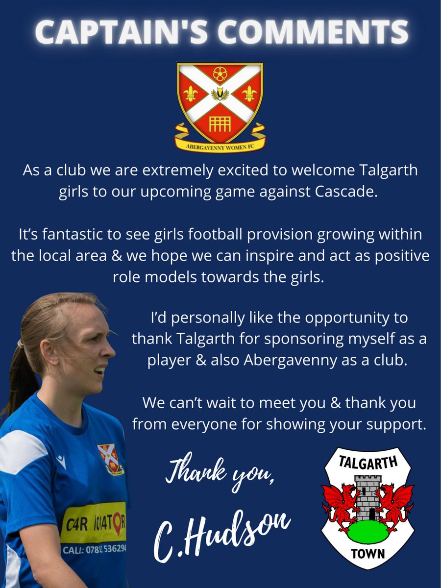 Abergavenny Women FC (@abergavennywfc) on Twitter photo With @TalgarthTownFC Girls attending our game Sunday we caught up with Captain <a href="/CeriHudson/">Ceri Hudson</a> who has been sponsored by Talgarth Girls for the Season. With @TalgarthTownFC Girls attending our game Sunday we caught up with Captain <a href="/CeriHudson/">Ceri Hudson</a> who has been sponsored by Talgarth Girls for the Season.
