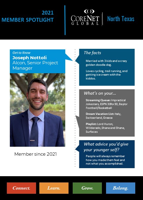 CoreNetNorthTex's tweet image. Today we spotlight @joenottoli. Joining @CoreNetNorthTex  in 2021, Joseph has been an extremely active member in our Young Leaders group. We hope you welcome and get to know Joseph Nottoli.

#business #leadership #commercialrealestate #aecindustry #memberspotlight