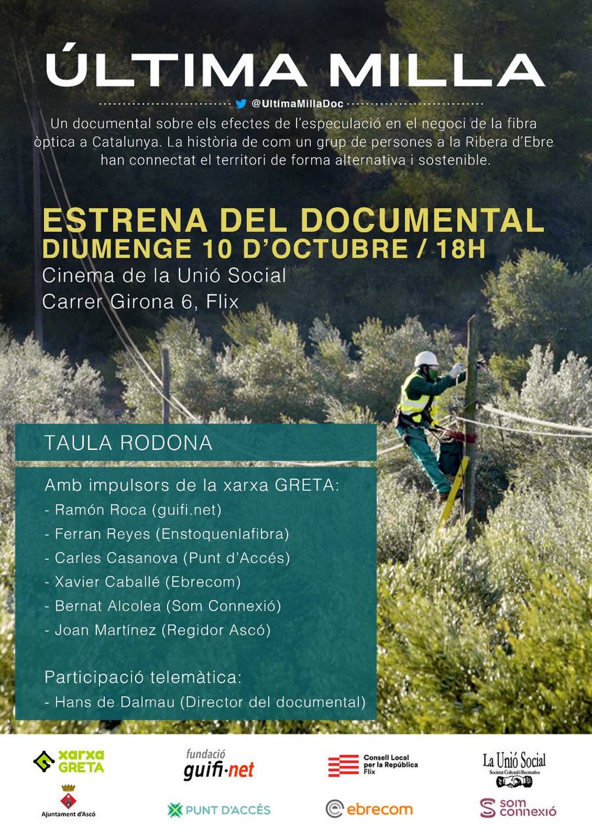 Internet: un dret o un privilegi? Posem el negoci de la connectivitat en qüestió i plantegem alternatives per connectar territoris de forma sostenible i alternativa. 
El  <a href="/UltimaMillaDoc/">Última Milla (Documental)</a> recull l'experiència desenvolupada a la Ribera d'Ebre  
📽️Aquest diumenge es presenta a Flix!