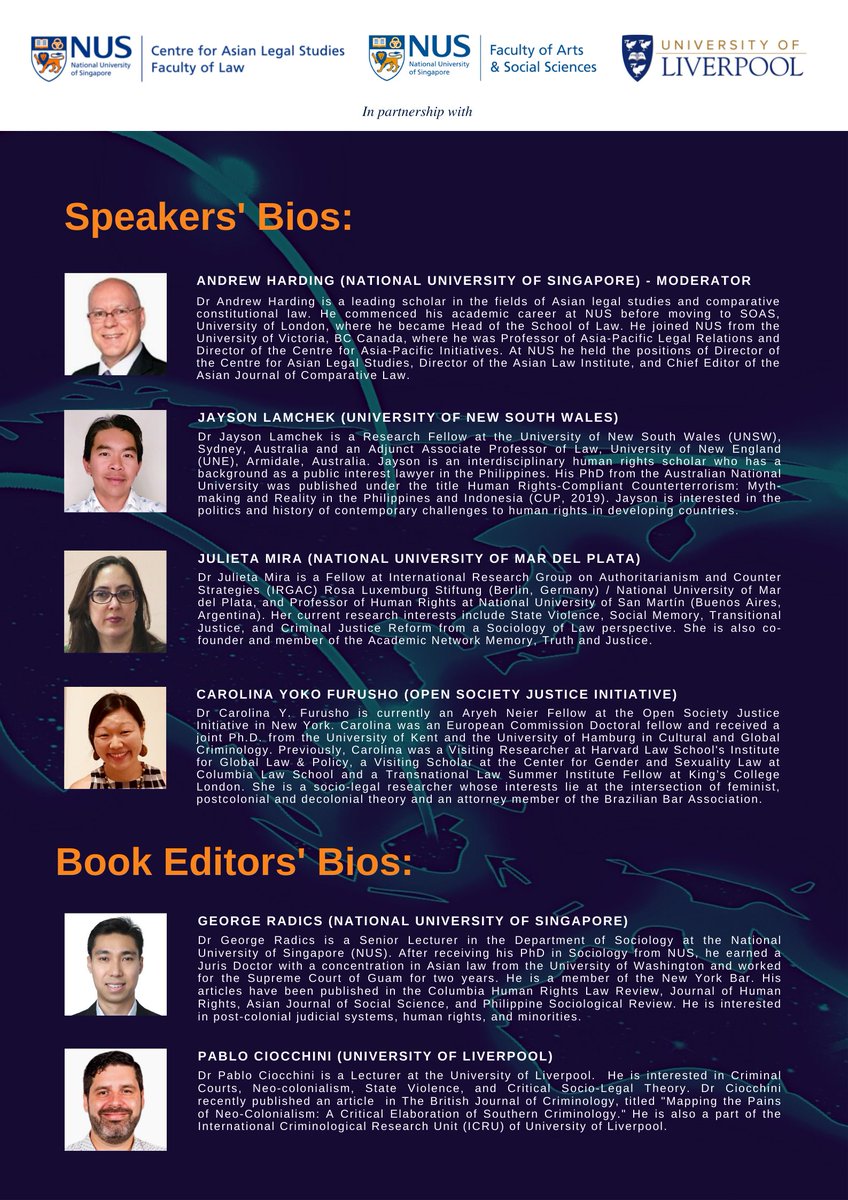 CALS_NUS's tweet image. Join us for Virtual Roundtable #16 &quot;Criminal Legalities in the Global South&quot;!
Date/Time: 28 Oct 2021, 6PM (SGT)
Register: bit.ly/VR16Registrati…
Get the Book: bit.ly/Criminal-Legal… (30% off: CLGS30)
#virtualroundtables #criminallegalities #calsnus #universityofliverpool #FASS