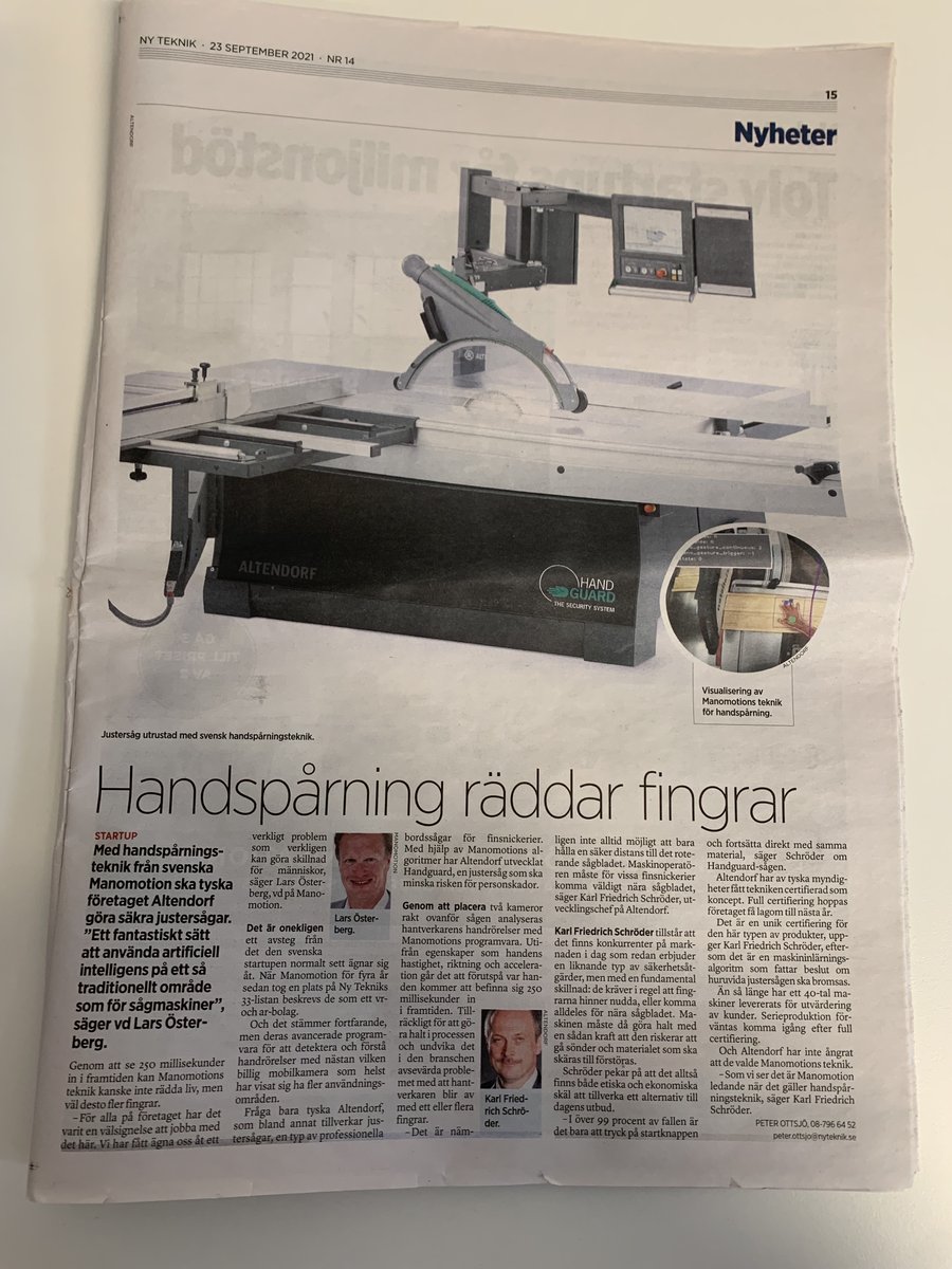 ManoMotion's tweet image. ManoMotion&apos;s CEO Lars Österberg was recently interviewed by the Swedish trade magazine Ny Teknik. Lars talks about how ManoMotion&apos;s technology can save hands and fingers from getting damaged by machines in a factory.

#machinelearning #newtechnology #AI #innovation #handtracking