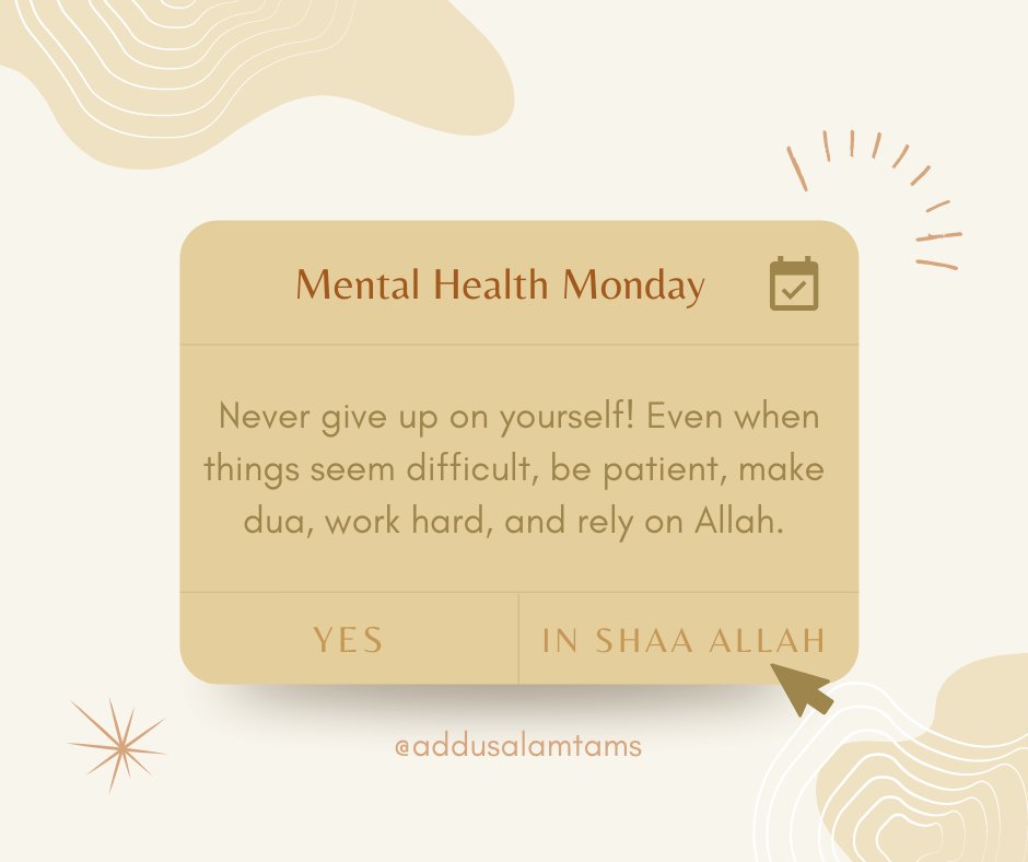 addusalamtams's tweet photo. Salaam, Brethren!
Here's your weekly reminder to take care of your mental health as much as you take care of your physical health. May you all have a week filled with learning, triumphs, happiness, and blessings! Ameen.
#MentalHealthMonday
#SALAMAssociate
#SALAM2122 https://t.co/A8zD0CdptH