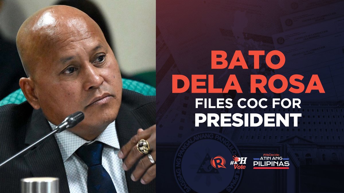 rapplerdotcom's tweet photo. BREAKING NEWS. Senator and former PNP chief Bato dela Rosa files his candidacy for president on Friday, October 8.

Dela Rosa, one of President Rodrigo Duterte’s closest allies, is ruling party PDP-Laban’s standard bearer. #COCfiling #PHVote #WeDecide
 https://t.co/AjwDO06OaC https://t.co/voHsEW0MuI