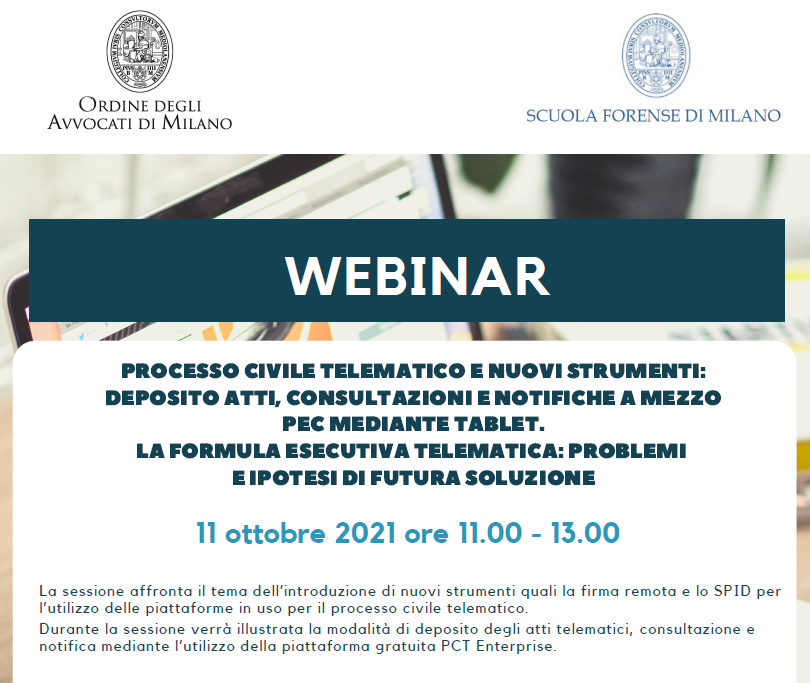 it_pct's tweet photo. Webinar gratuito Ordine Avvocati Milano su #PCT mediante tablet e prospettive future sulla formula esecutiva telematica #processociviletelematico

https://t.co/TTyL9URuRI https://t.co/fT00kTwPyv