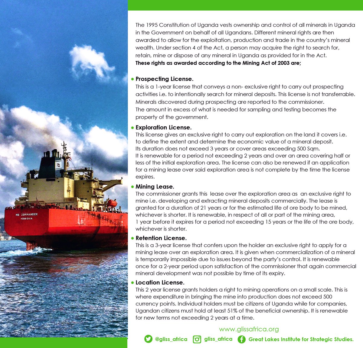 gliss_africa's tweet image. The mining sector in #Uganda is governed by the Mining Act, 2003 - but this is expected to change should the 2019 Mining and Minerals Bill be passed into law. 

The mining rights under the Act are as follows;👇🏾 #MWC2021
