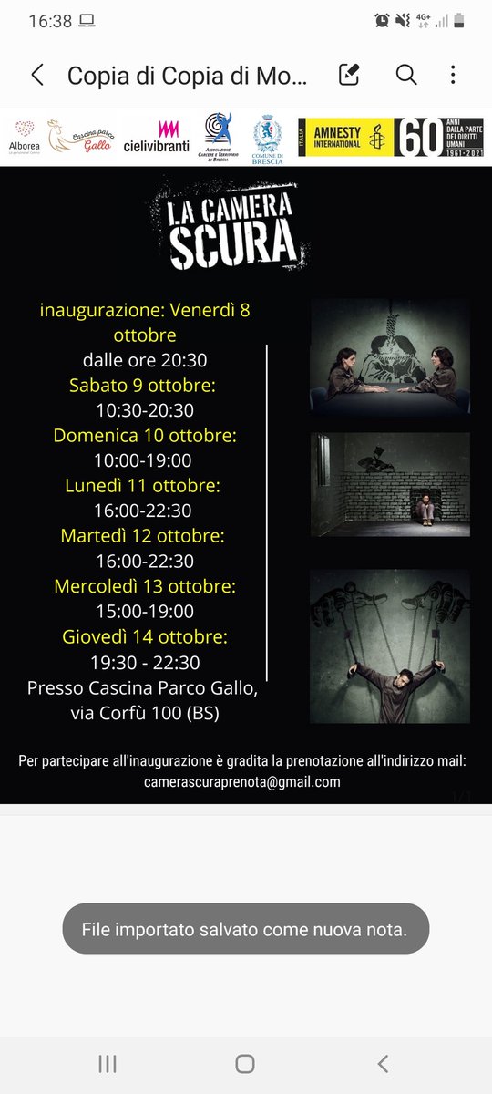 AmnestyBS's tweet photo. Da questa sera a giovedì 14 ottobre sarà esposta la mostra "La Camera Scura" alla cascina Parco Gallo (BS). Venite a trovarci! https://t.co/mLGk2Oyblf