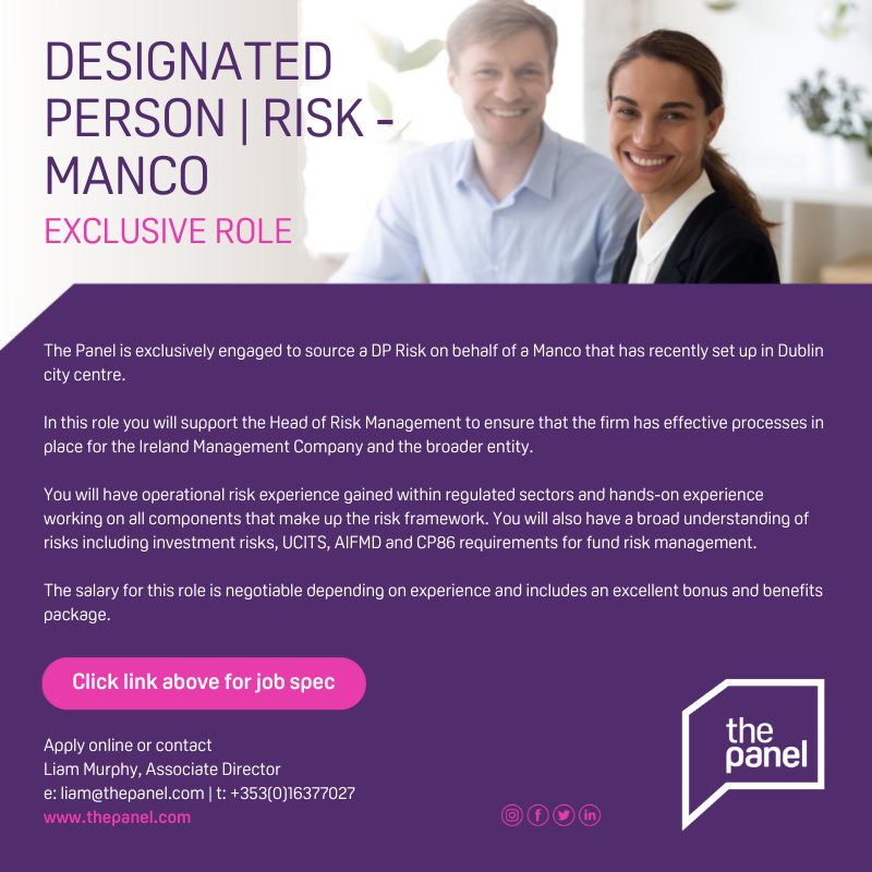 ThePanelDublin's tweet photo. **Exclusive Role**
Designated Person - Risk (https://t.co/lwrkMMAyKH) role currently available with our client, a Manco in Dublin city centre.
For more information please contact Liam at liam@thepanel.com.
#jobfairy #designatedperson #risk #riskmanagement #ucits #aifmd #CP86 https://t.co/He7fS4Cf6L