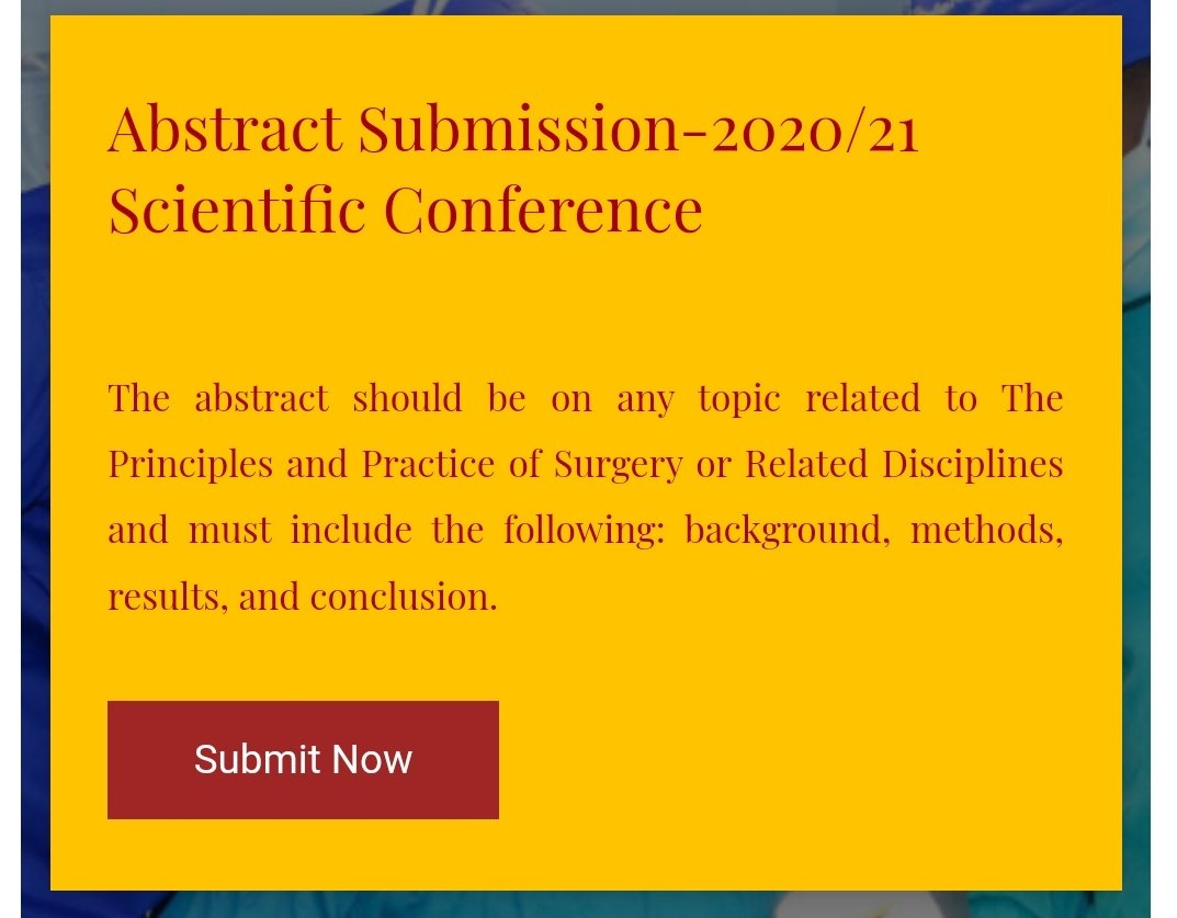 cosecsa's tweet photo. Abstract Submission -2020/21 Scientific Conference

Call for abstracts for the COSECSA 2020/21 Annual Scientific Conference

Please click the link below to submit.

https://t.co/gvAShq1t6C https://t.co/236vfNisPL
