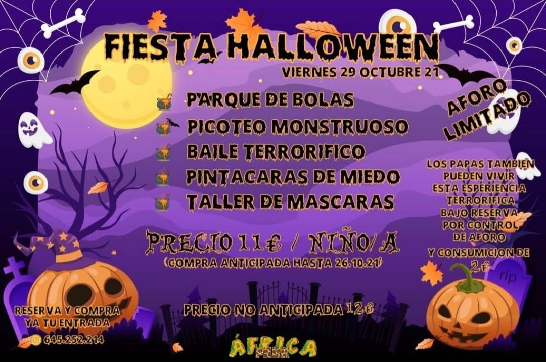 ¡BUENOS DÍAS!

Africa Park Algete nos invita a su terrorífica fiesta de Halloween en su parque de bolas. 

🎃 Picoteo monstruoso
🎃 Baile terrorífico
🎃 Pintacaras de miedo
🎃 Taller de máscaras

☎ 645 252 214

¡TUS PEQUES PASARÁN UNA TARDE TERRORÍFICAMENTE DIVERTIDA!