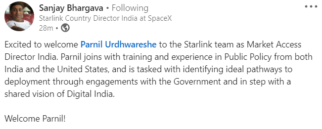 Parnil Parnil Urdhwareshe is joining Starlink India as Market Access Director ...