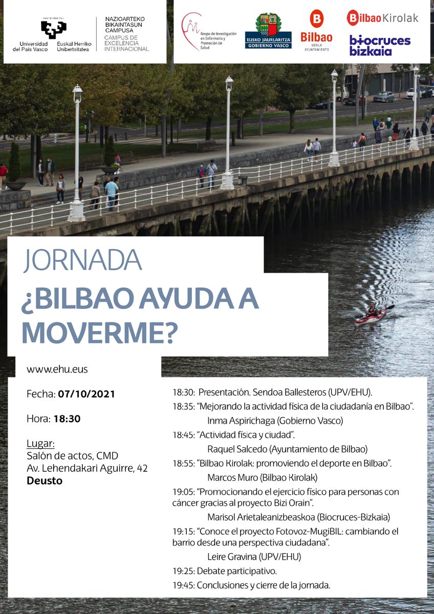 Plantel de ponentes en la jornada de ayer en Deusto: ¿Bilbao ayuda a moverme? Eskerrik asko! <a href="/BilbaoSaludable/">Mi Barrio Saludable</a> <a href="/EnfermeriaEHU/">GrupoEnfermeriaEHU</a> <a href="/bilbao_udala/">Bilbao [Udala - Ayuntamiento]</a> <a href="/upvehu/">UPV/EHU</a> <a href="/biocrucesHRI/">IIS Biocruces Bizkaia ahora IIS Biobizkaia</a> <a href="/bilbaokirolak/">Bilbao Kirolak</a> <a href="/osakidetzaEJGV/">Osakidetza</a>