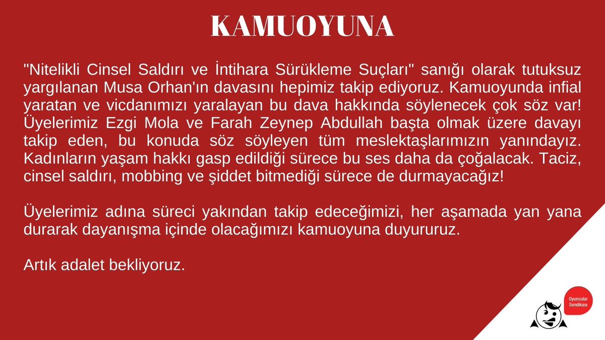 Üyelerimiz Ezgi Mola ve Farah Zeynep Abdullah adına süreci  yakından takip ediyoruz. Üyelerimiz ile her aşamada yan yana durarak dayanışma içinde olacağız. 

#EzgiMola #FarahZeynepAbdullah #SusmaBitsin #OyuncularSendikası