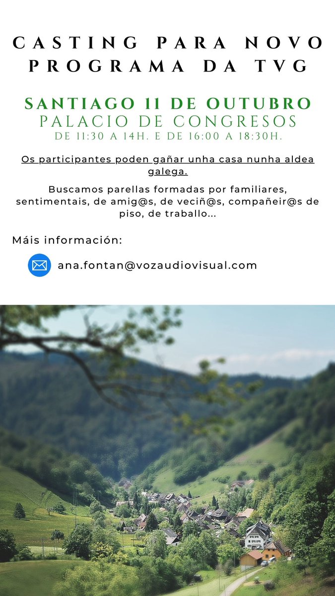⚠ #Casting para participar nun novo programa de 📺! Os participantes poden gañar unha 🏠

O casting terá lugar no Palacio de Congresos de Santiago de Compostela o luns 11 de outubro en horario de mañá e de tarde

Máis información 👇
