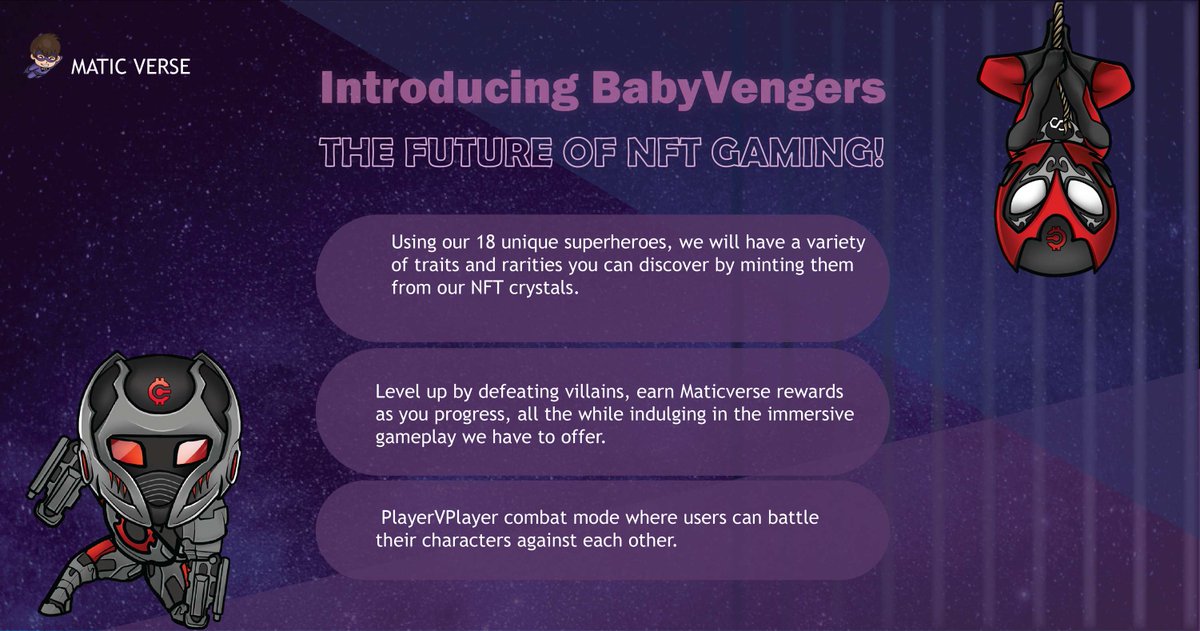MaticVerse's tweet photo. Are you ready to experience the future of #BlockchainGaming with #BabyVengers?
Introducing 18 unique superheroes who will help you earn #MaticVerse rewards like never before!
Stay tuned to learn more!

$MVERSE $MATIC #Superheroes #BlockchainGames #BlockchainGame #Matic https://t.co/z3qgbbFoWa